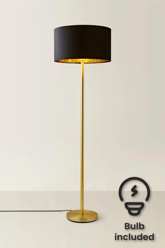 Image of ValueLights ValueLights Charlie Gold Stem Floor Lamp with Velvet Drum with Gold Inner Shade & LED Bulb in Black One Size Unisex 5059406060588