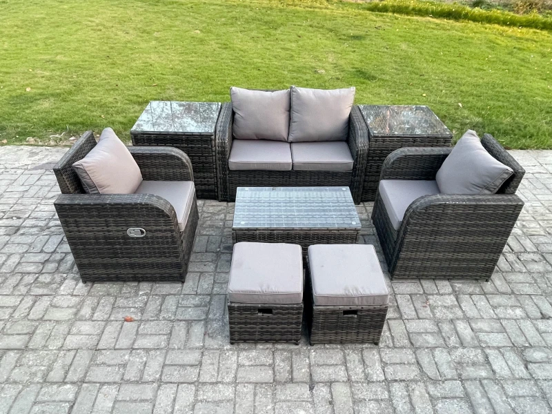 Image of Fimous Outdoor Lounge Sofa Set 6 Seater Rattan Garden Furniture Set with Rectangular Coffee Table 2 Small Footstools Dark Grey