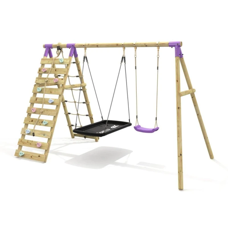 Image of OutdoorToys Double Swing Set with Climbing Wall - Sage Purple Purple Unisex