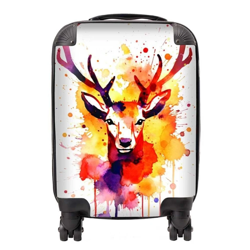 Image of Warren Reed - Designer Watercolour Stag Face Suitcase in Orange Size: Medium Orange Unisex Medium