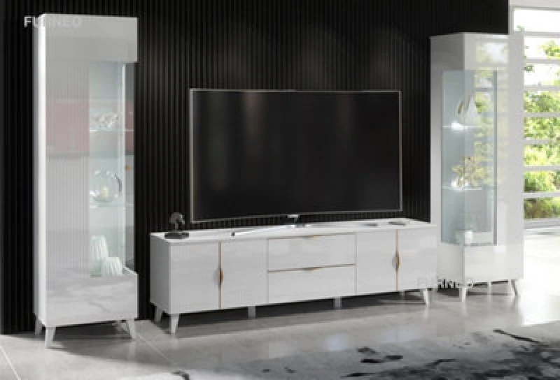 Image of Furneo High Gloss & Matt White Living Room Set TV Stand Display Cabinets Azzurro 10/12 White LED Lights