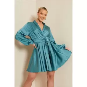 Image of I Saw It First Teal Satin Plunge Wrap Tie Waist Skater Dress - Green