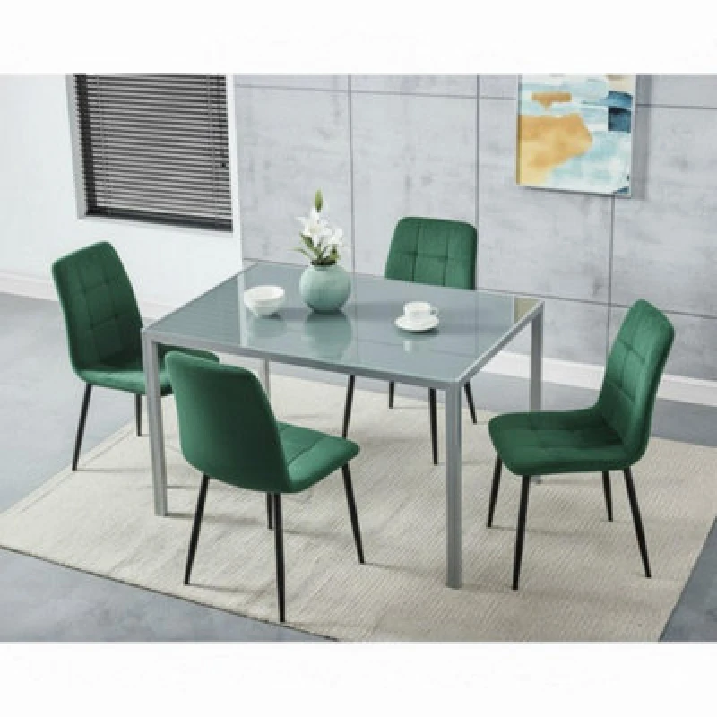 Image of Kosy Koala Modern Grey Glass Dining Table Set With 4 Green Velvet Chairs Dining Room Furniture