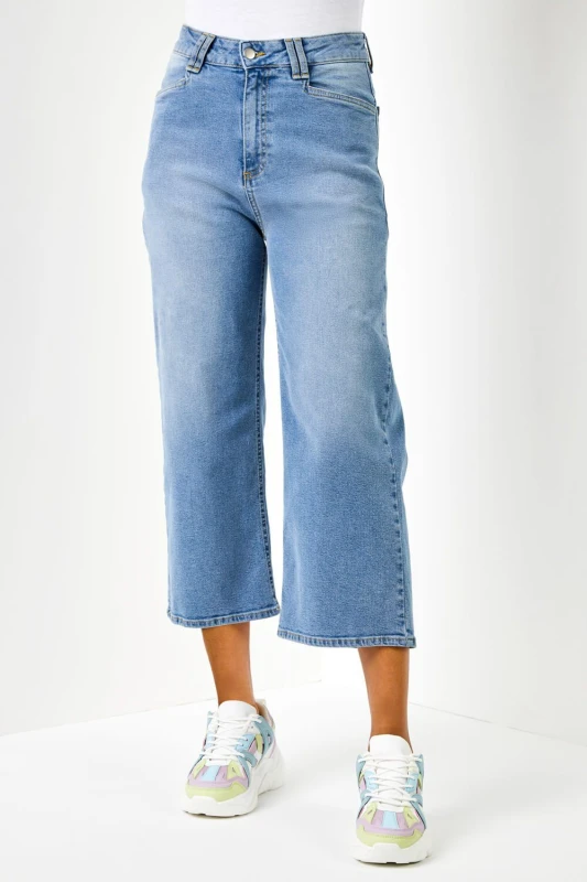 Image of Dusk Womens Denim Pocket Detail Wide Leg Culotte in Blue Size: 8 Blue Female 8