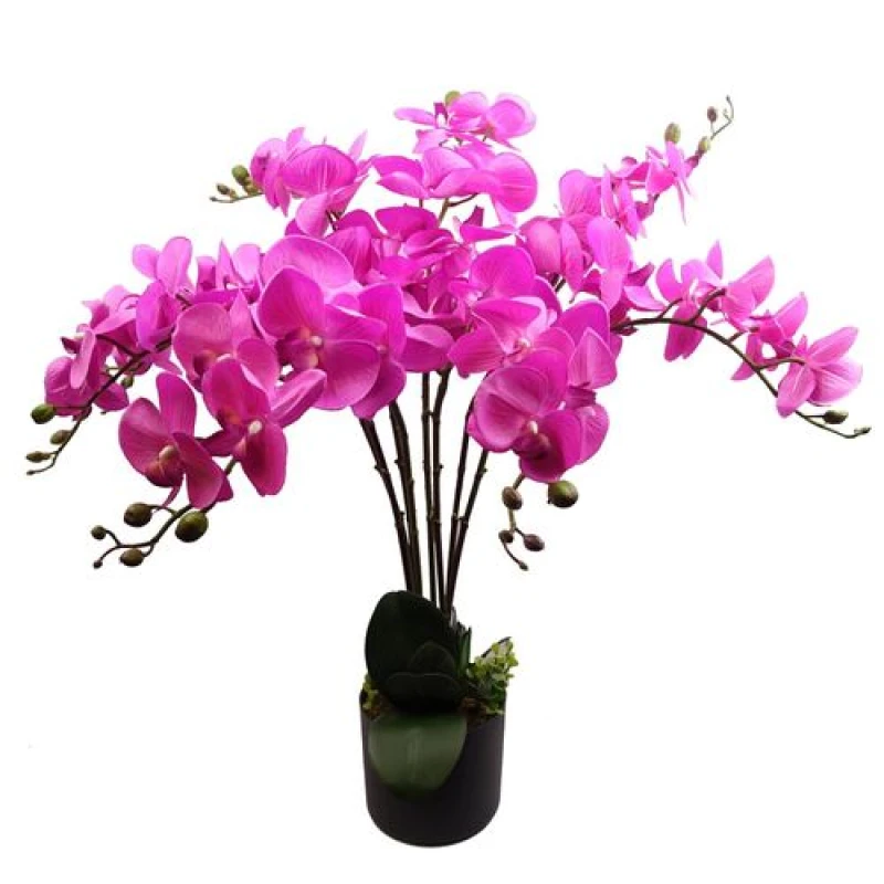 Image of Leaf 85cm Artificial Deluxe Bush Orchid - Dark Pink with Black Pot