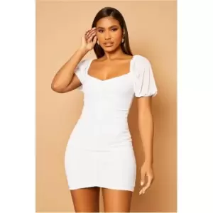 Image of I Saw It First White Mesh Ruched Puff Sleeve Bodycon Dress - White