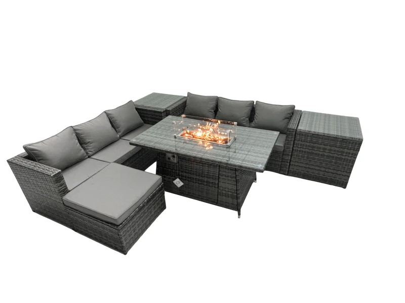 Image of Fimous Rattan Garden Furniture Firepit Dining Set 6 Seater Lounge Sofa Table Set with 2 Side Tables Footstool Dark Grey