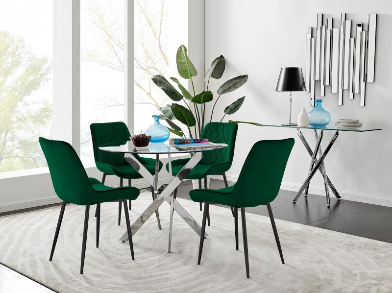 Image of FurnitureboxUK FurnitureboxUK Novara 100cm Round Dining Table and 4 Pesaro Black Leg Chairs in Green Green One Size Unisex 5056542647543