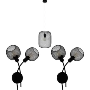 Image of Ceiling Pendant Light & 2x Matching Wall Lights Black Mesh Trendy Shade Lamp