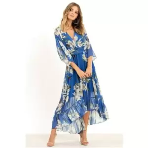 Image of Yumi Urban Blue Floral Kimono Midi Wrap Dress - Blue