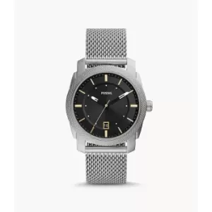Image of Fossil Mens Machine Three-Hand Date Stainless Steel Mesh Watch - Silver