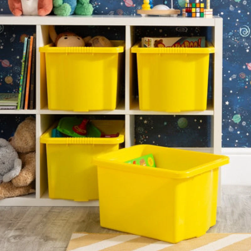Image of Wham Stack & Store 4X 24L Plastic Storage Boxes. Ideal For Toys, Classrooms & Playrooms. Integrated Handles. Yellow