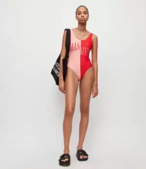 Image of AllSaints Womens Mia Split Saints Swimsuit, Pink/red, Size: S