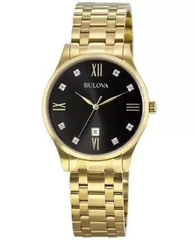 Image of Bulova Diamond Black Dial Yellow Gold Tone Stainless Steel Mens Watch 97D108 97D108