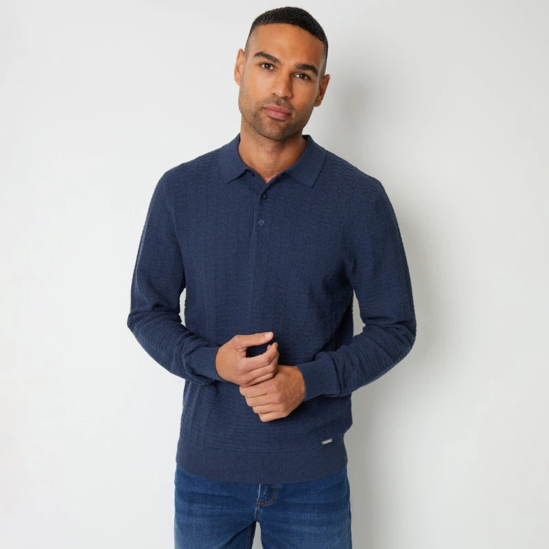 Image of Threadbare 'Shawbrook' Long Sleeve Textured Knit Polo Collar Jumper Blue