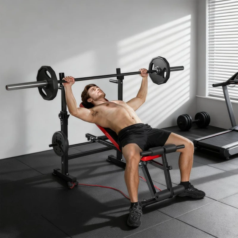 Image of SPORTNOW Adjustable Weight Bench with Rack & Dip Stand 420KG Capacity in Black Size: 147cm Black Unisex 147 cm
