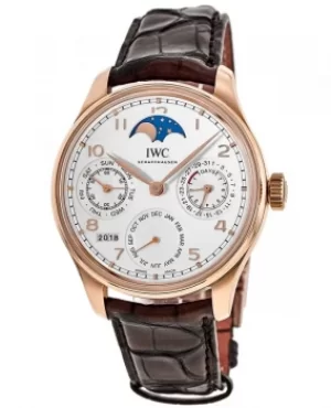 Image of IWC Portugieser Perpetual Calendar 18kt Rose Gold Silver Dial Leather Strap Mens Watch IW503302 IW503302