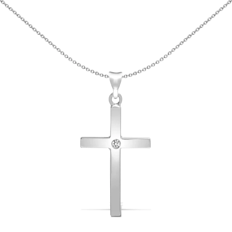 Image of Jewelco London 9ct White Gold 0.05ct Diamond Solitaire Cross Pendant - 9X085 Silver