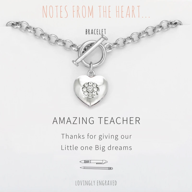 Image of Notes From The Heart NFTH Amazing Teacher engraved heart bracelet Silver unisex One Size