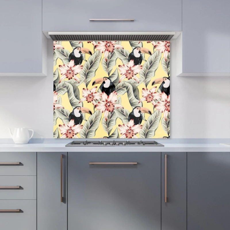 Image of Warren Reed - Designer Toucans, Orchids & Palm Leaves Kitchen Splashback in Yellow Size: 600mm x 600mm Yellow Unisex 600mm x 600mm