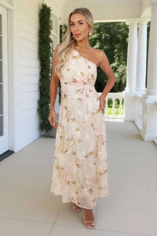 Image of AX Paris Womens Blush Floral Embroidered Chiffon One Shoulder Midi Dress in Pink Size: 8 Pink Female 8