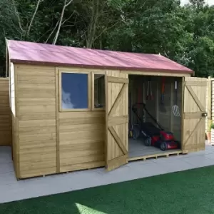 Image of 12' x 8' Forest Premium Tongue & Groove Pressure Treated Double Door Reverse Apex Shed (3.65m x 2.52m) - Natural Timber