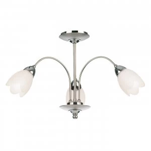 Image of 3 Light Semi Flush Multi Arm Ceiling Light Satin Chrome, Matt Opal Glass, E14