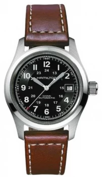 Image of Hamilton Mens Khaki Field 38mm Auto Black Dial Brown Strap Watch