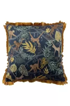 Image of Monkey Forest Jungle Printed Fringed Cushion