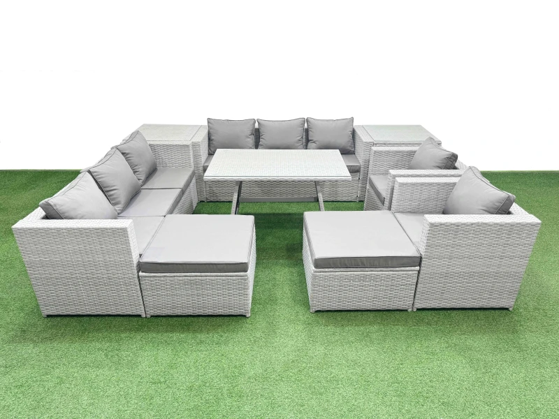 Image of Fimous 10 Seater Garden Furniture Set with 2 Big Stool 2 Side Tables in Light Grey Light Grey Unisex