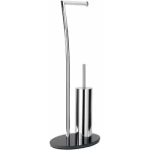 Image of Showerdrape - Free Standing Essence Toilet Roll Holder & Toilet Brush Combo with Oval Black Glass Base - Black/Chrome