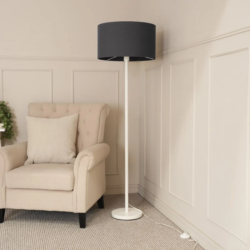 Image of ValueLights Charlie White Metal Single Stem Floor Lamp with Fabric Drum Lamp Shade Charcoal