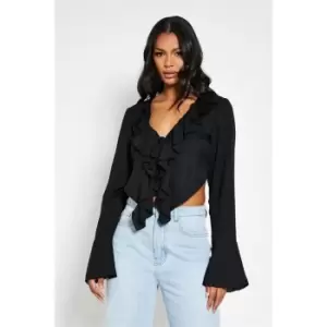 Image of I Saw It First Sheer Tie Frill Front Blouse - Black