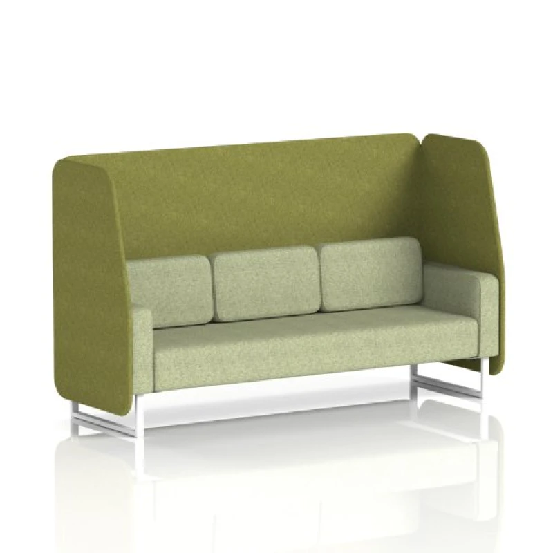 Image of Brixworth 3 Seater Open Office Booth with White Legs in Rivet Fabric - Olive Panels and Burnish Sofa