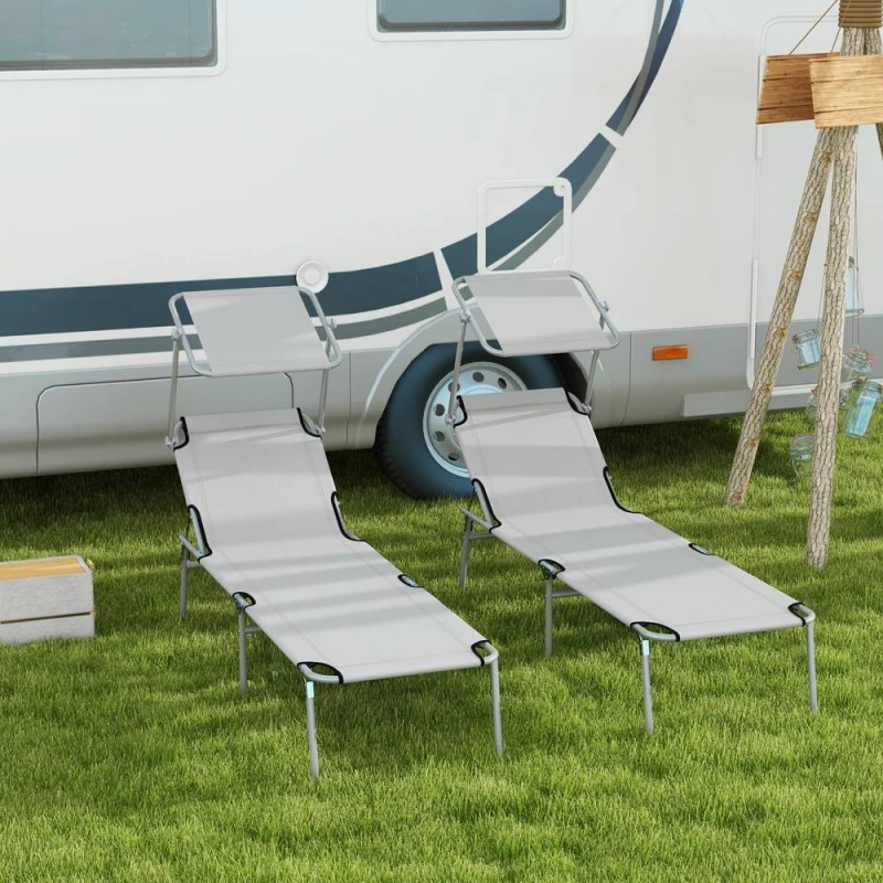 Image of Outsunny Outsunny - Folding Sun Lounger Set of 2 w/ Sunshade Adjustable Backrest Light Grey 5056725510046