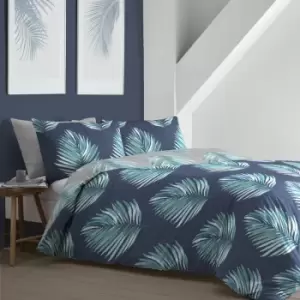 Image of Fusion Leaves Print Easy Care Reversible Duvet Cover Set, Navy, King