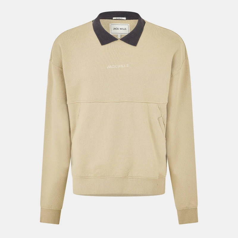 Image of Jack Wills Twill Collar Crew Sweater - Beige Beige XS