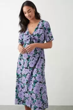 Image of Lilac Large Floral Tie Front Midi Dress