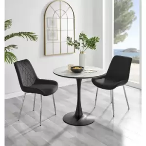 Image of Furniturebox UK - Furniturebox Elina White Marble Effect Modern 80cm Round Dining Table & 2 Black Pesaro Silver Leg Velvet Chairs