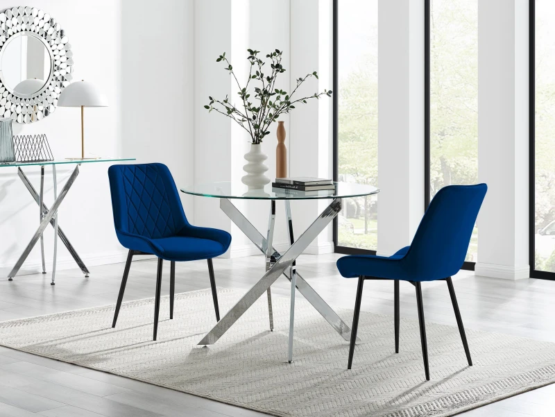Image of FurnitureboxUK FurnitureboxUK Novara 100cm Round Dining Table and 2 Pesaro Black Leg Chairs in Navy Navy One Size Unisex 5061064381035