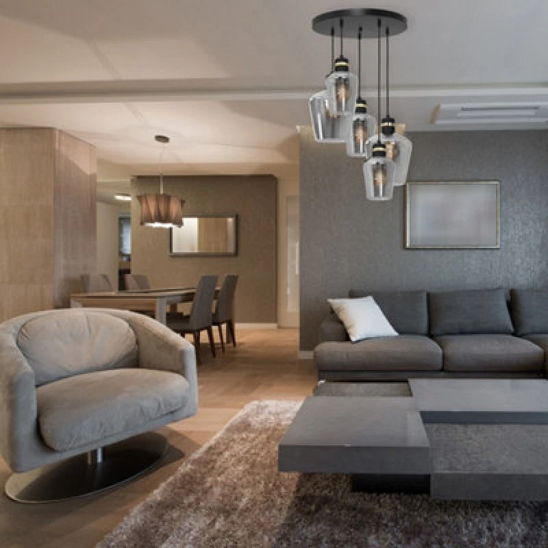 Image of Milagro Richmond Black/gold Pendant Lamp 5Xe27 Stunning Hand Made Smoked Glass Quality Matt Black Fittings With Gold Detail