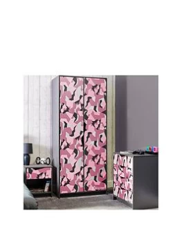 Image of Hideout 3 Piece Bedroom Furniture Set - 2 Door Wardrobe, 4 Drawer Chest and 1 Drawer Bedside Chest - Pink/Grey