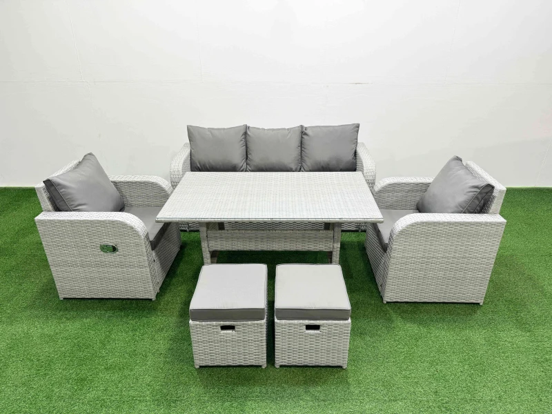 Image of Fimous PE Rattan Garden Furniture Set Reclining Chair Sofa Lounge Sofa Set Rectangular Dining Table 2 Small Stools Light Grey Light Grey