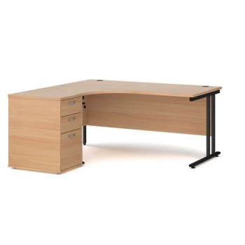 Image of Office Desk Left Hand Corner Desk 1600mm With Pedestal Beech Top With Black Frame Maestro 25