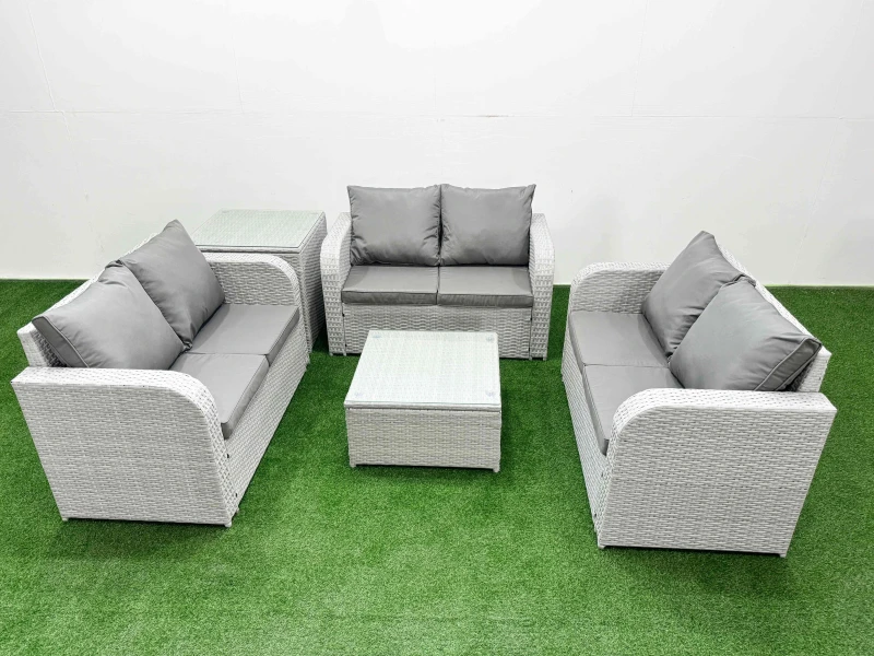 Image of Fimous 6 Seater PE Wicker Rattan Furniture Sofa Sets with Square Coffee Table 2 Seater Love Sofa Side Table Light Grey Light Grey
