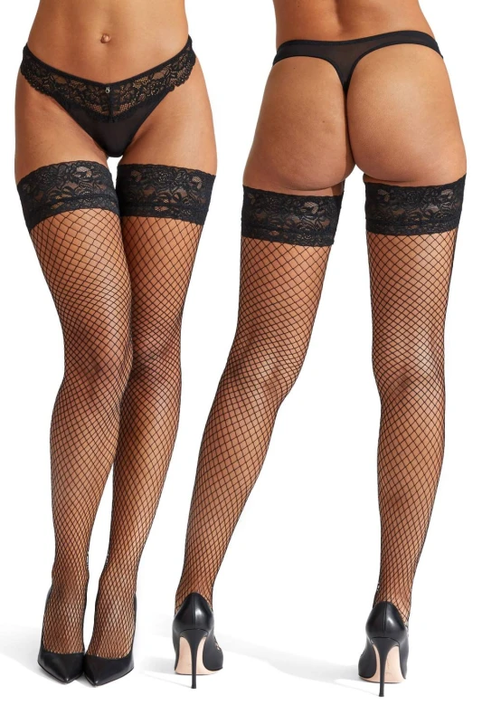 Image of Ann Summers Womens Lace Top Fishnet Hold Ups 2 Pack in Black Size: Large Black Female L