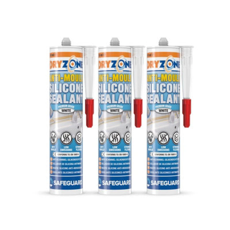 Image of Dryzone Anti-Mould Premium Silicone Sealant White 310Ml X 3 Pack - Low-Odour, Low Voc For Bathroom, Kitchen, Window, Sink