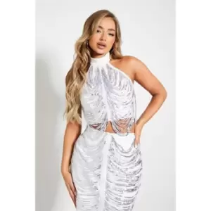 Image of I Saw It First Co Ord Sequin Tassle Lace High Neck Halter Crop Top - White