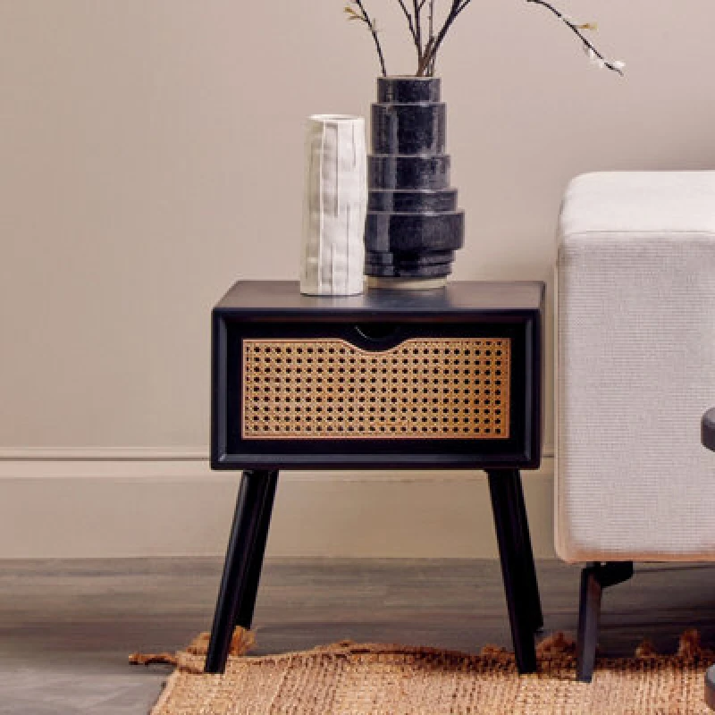 Image of Orsina Cebu Black Side Table With Rattan Drawer