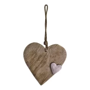 Image of Wooden Hanging Heart Ornament with Silver Heart